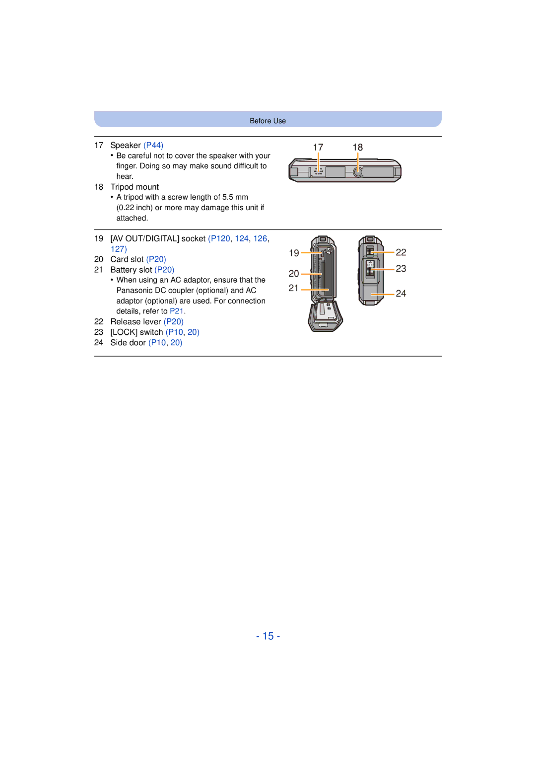 Panasonic DMC-TS25 owner manual Tripod mount, Release lever P20 Lock switch P10 Side door P10 