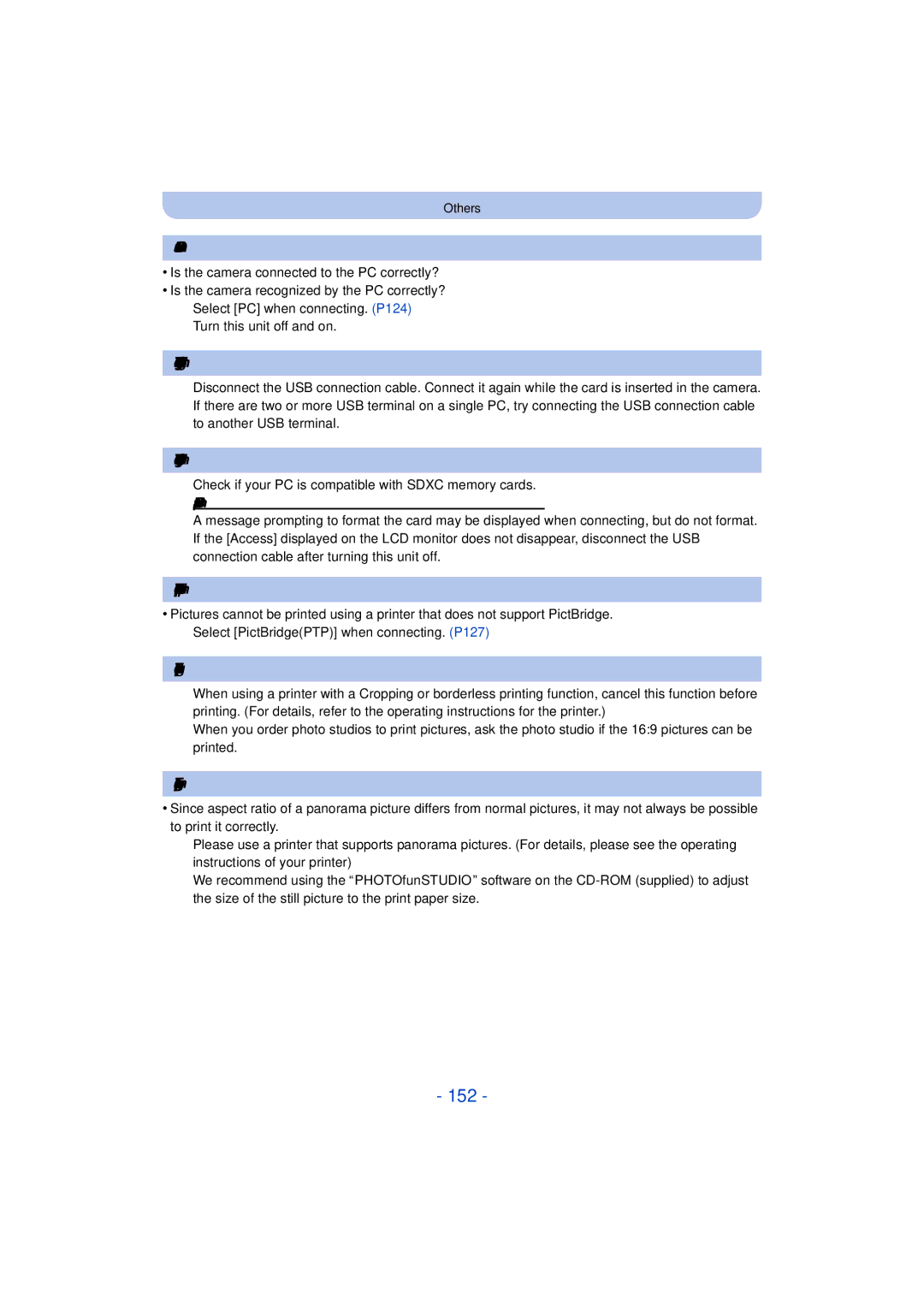 Panasonic DMC-TS25 152, Cannot communicate with the PC, Card is not recognized by the PC. Sdxc memory card is used 