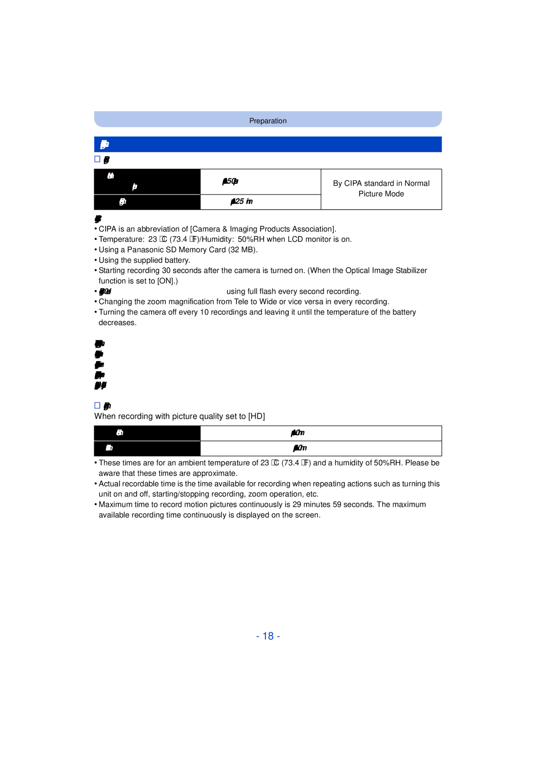 Panasonic DMC-TS25 owner manual Recording still pictures, Recording conditions by Cipa standard 