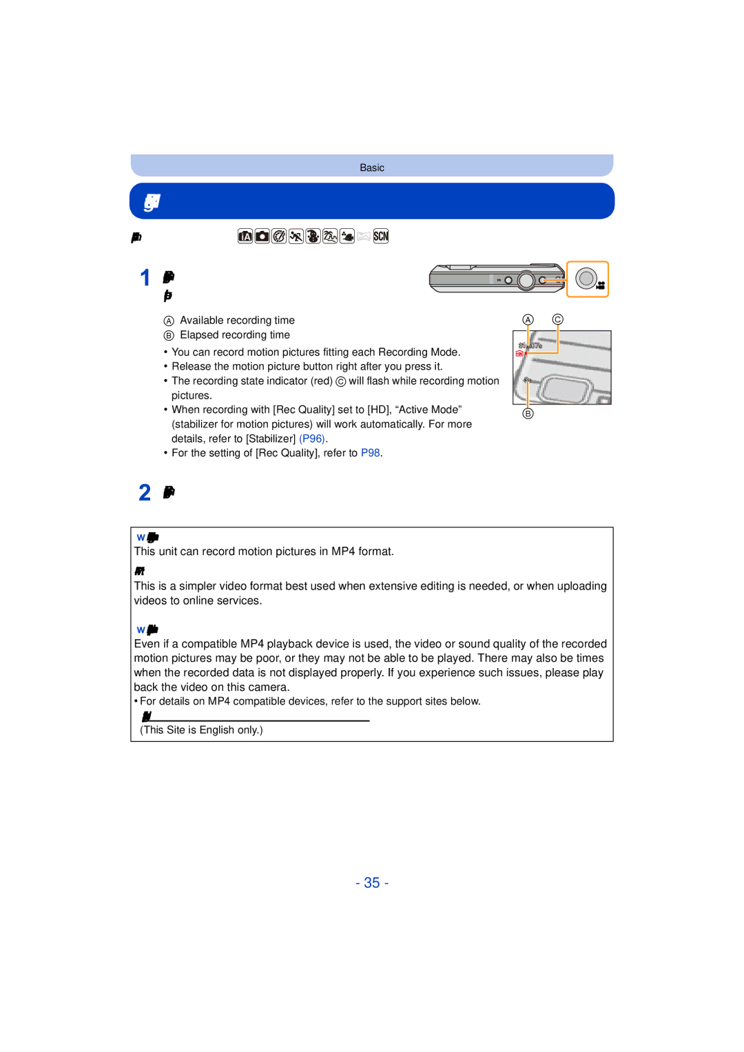 Panasonic DMC-TS25 Recording Motion Pictures, Start recording by pressing the motion picture button, Applicable modes 