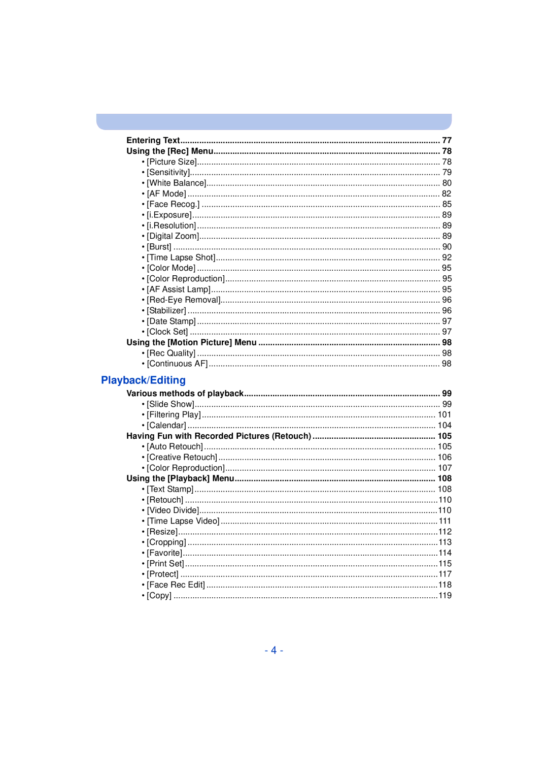 Panasonic DMC-TS25 owner manual 104, 105, Color Reproduction 107, 108, 110, 112, 113, 114, 115, 117, 118, 119 