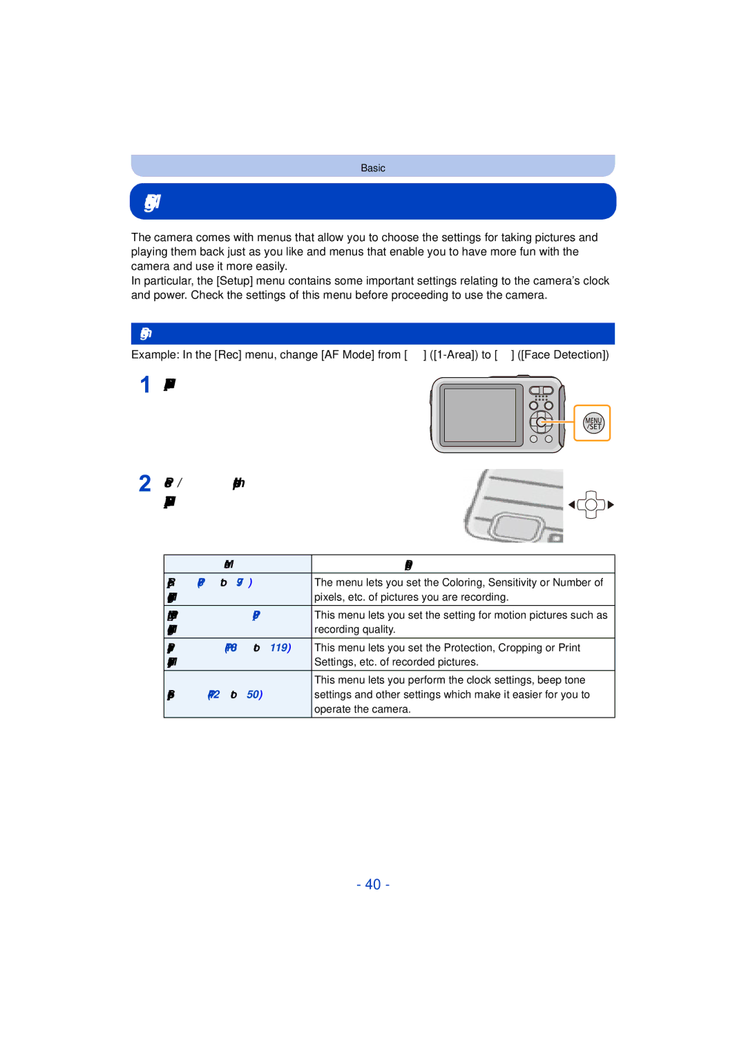 Panasonic DMC-TS25 owner manual Setting the Menu, Setting menu items, Menu Description of settings Rec P78 to 