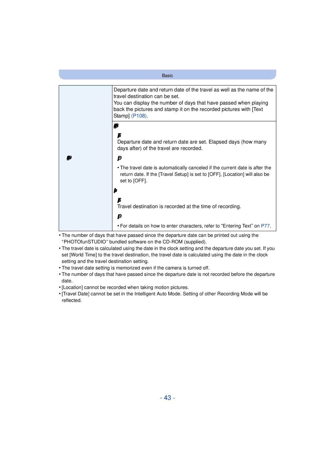 Panasonic DMC-TS25 Travel Setup SET, Location SET, Travel destination is recorded at the time of recording, Travel Date 