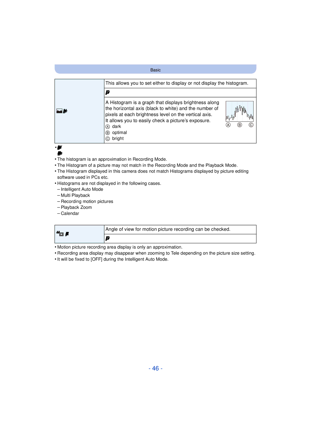 Panasonic DMC-TS25 owner manual It allows you to easily check a picture’s exposure, Histogram, Video Rec Area 