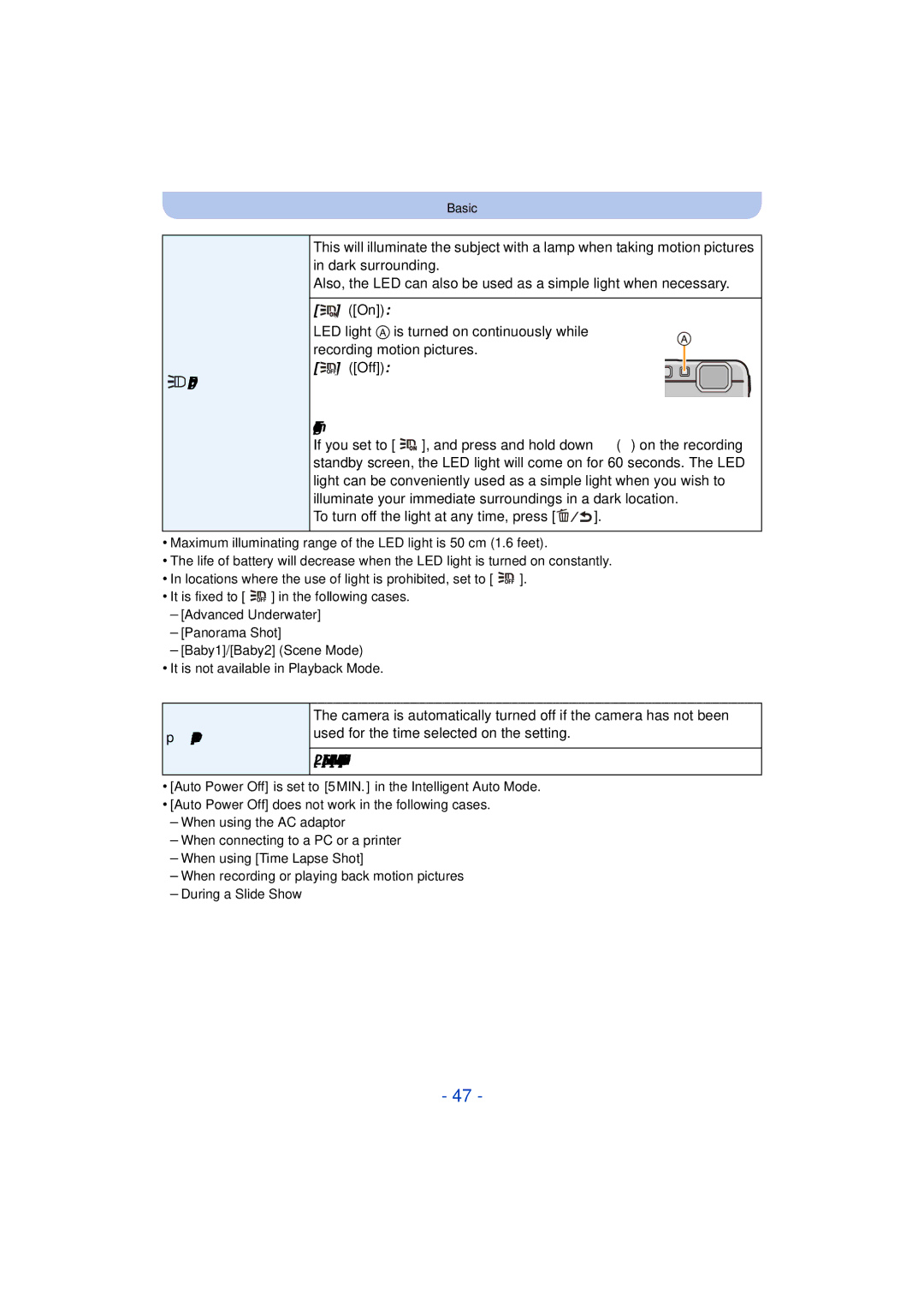 Panasonic DMC-TS25 To use a simple light, To turn off the light at any time, press, 2MIN./5MIN./10MIN./OFF, LED Light 