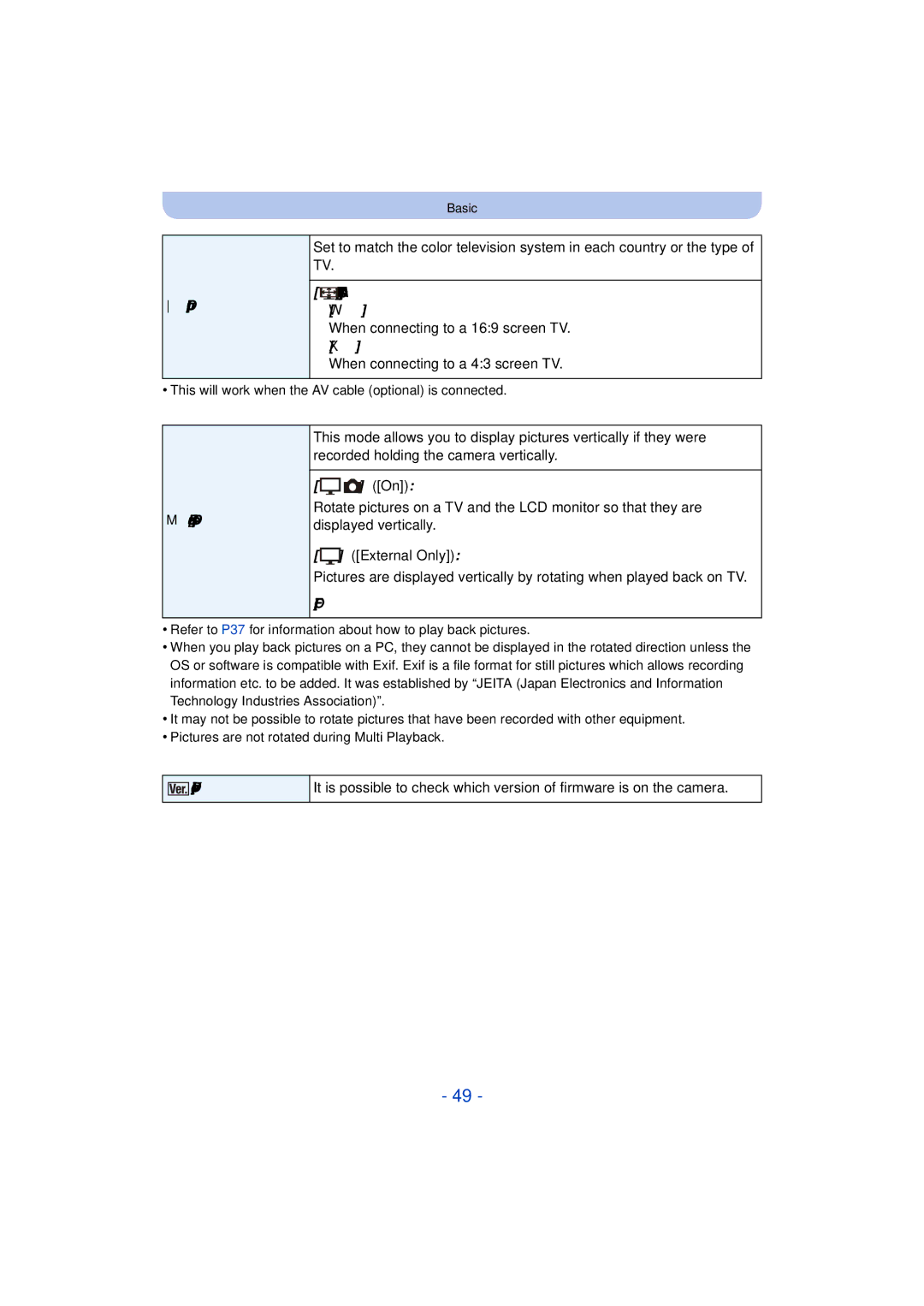 Panasonic DMC-TS25 owner manual TV Aspect W, Output, Rotate Disp, Version Disp 