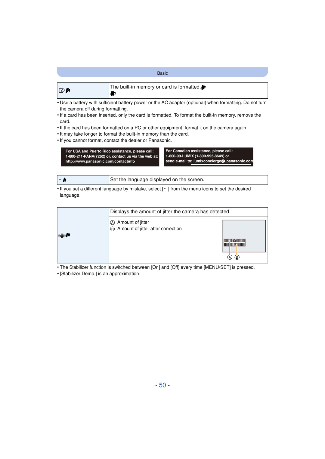 Panasonic DMC-TS25 Set the language displayed on the screen, Displays the amount of jitter the camera has detected 