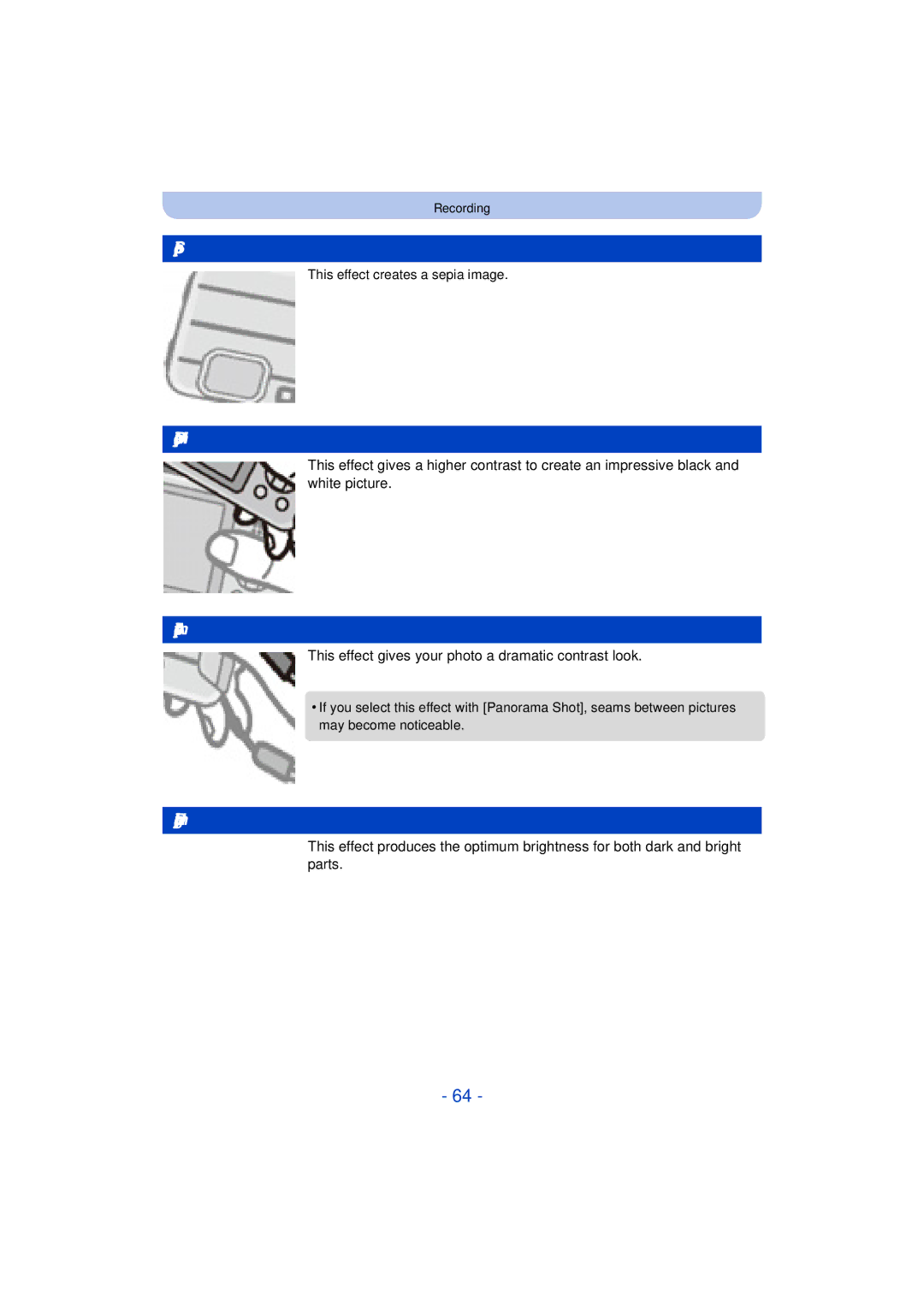 Panasonic DMC-TS25 owner manual Sepia, Dynamic Monochrome, Impressive Art, High Dynamic 