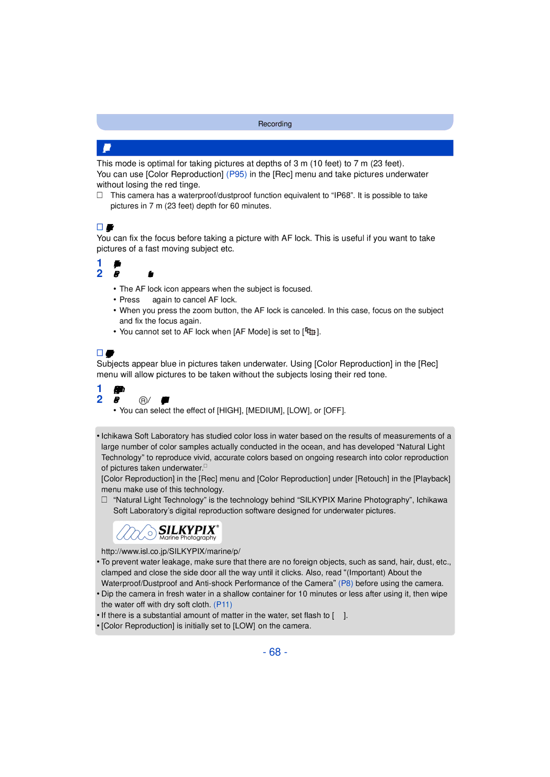 Panasonic DMC-TS25 owner manual Advanced Underwater, Fixing the focus underwater AF Lock 