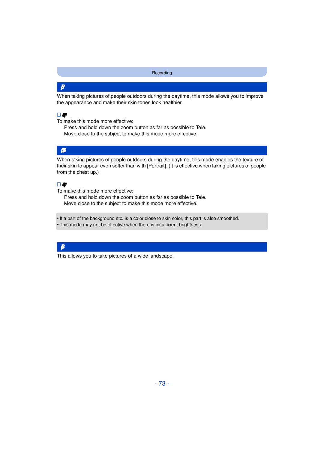 Panasonic DMC-TS25 owner manual Portrait, Soft Skin, Scenery, This allows you to take pictures of a wide landscape 