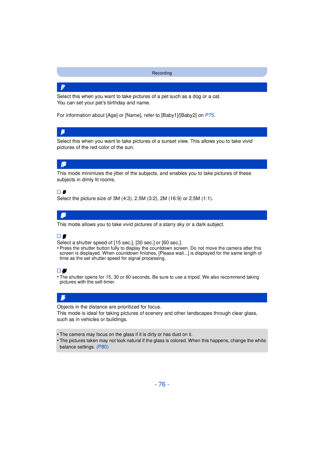 Panasonic DMC-TS25 owner manual Pet, Sunset, High Sens, Starry Sky, Glass Through 