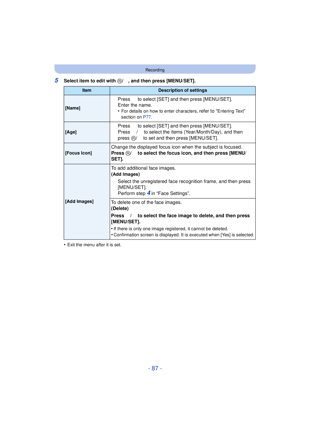 Panasonic DMC-TS25 owner manual Select item to edit with 3/4, and then press MENU/SET, Delete 