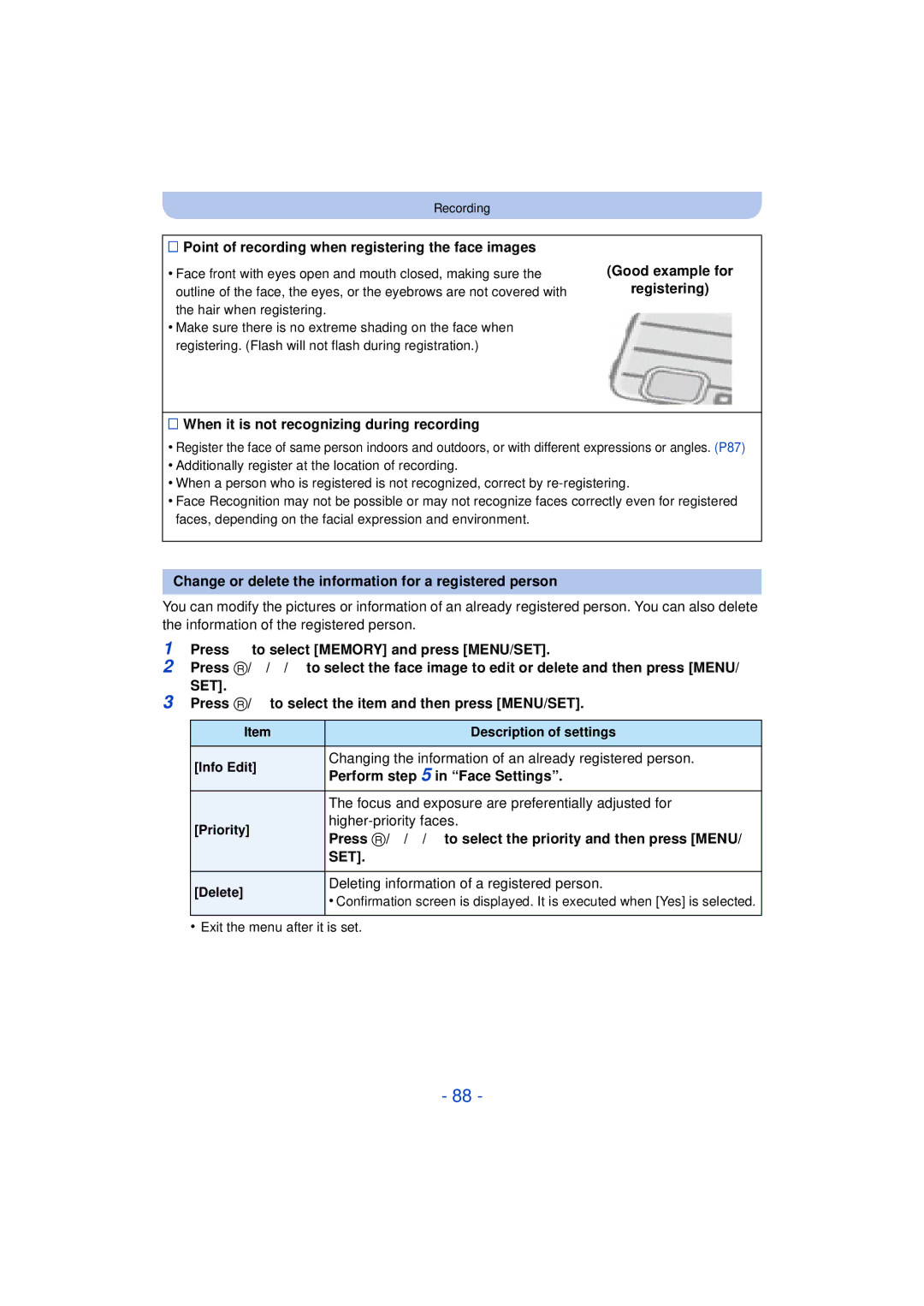 Panasonic DMC-TS25 owner manual Point of recording when registering the face images, Perform in Face Settings 