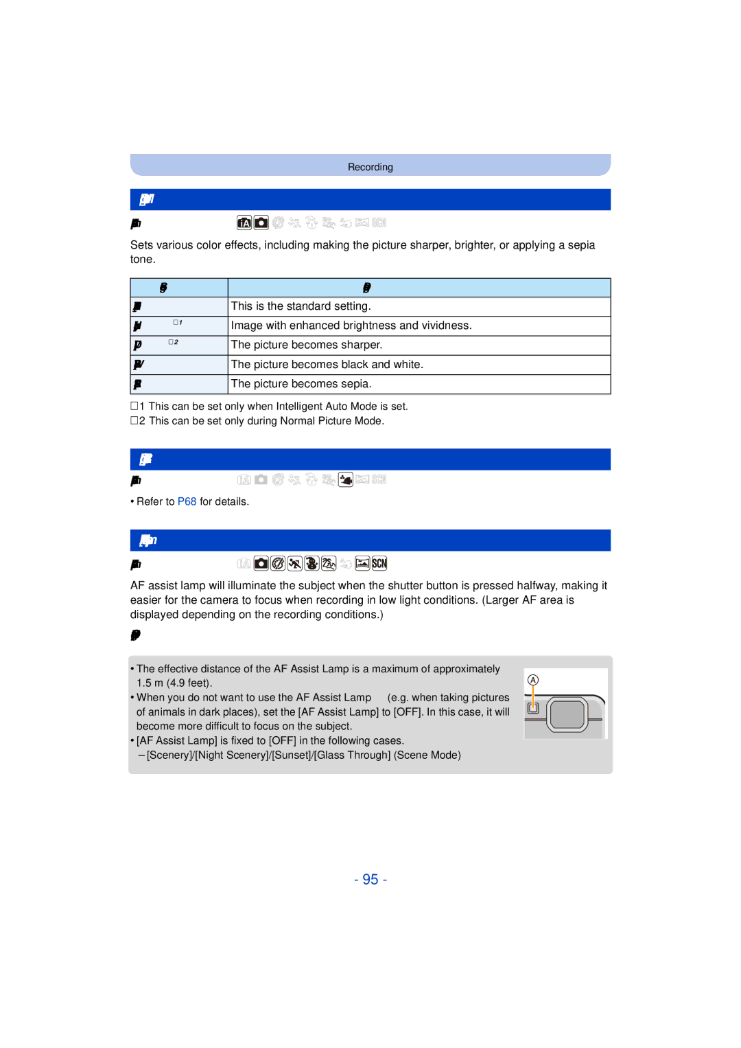 Panasonic DMC-TS25 owner manual Color Mode, Color Reproduction, AF Assist Lamp 