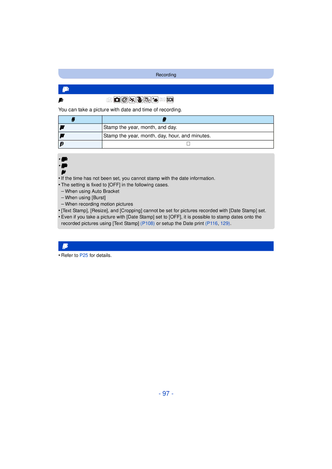 Panasonic DMC-TS25 owner manual Date Stamp, Clock Set, You can take a picture with date and time of recording 