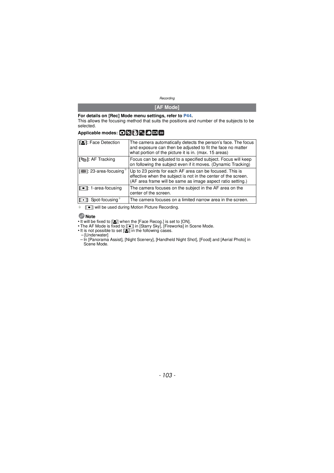 Panasonic DMC-TS3 owner manual 103, AF Mode, Face Detection, Exposure can then be adjusted to fit the face no matter 