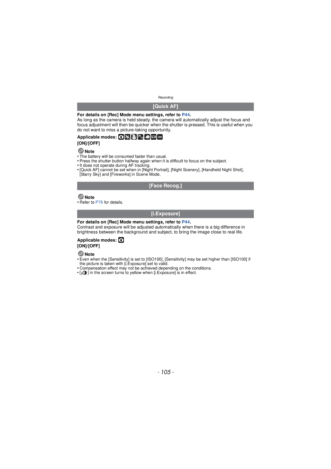 Panasonic DMC-TS3 owner manual 105, Quick AF, Face Recog, Exposure 