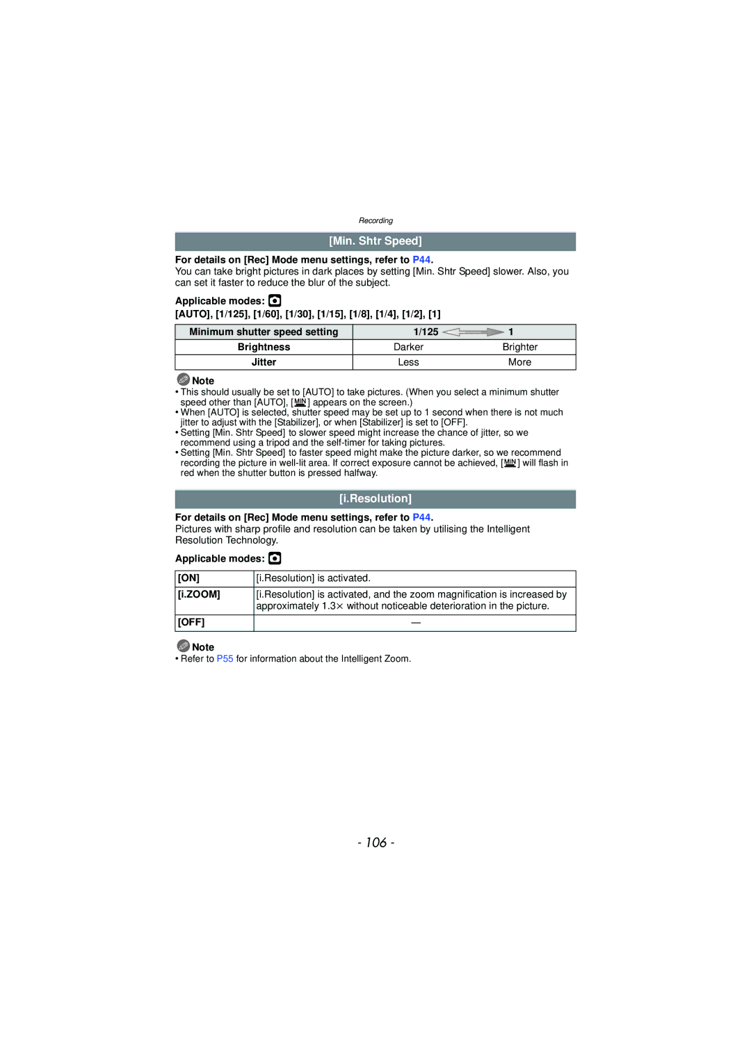 Panasonic DMC-TS3 owner manual 106, Min. Shtr Speed, Resolution 