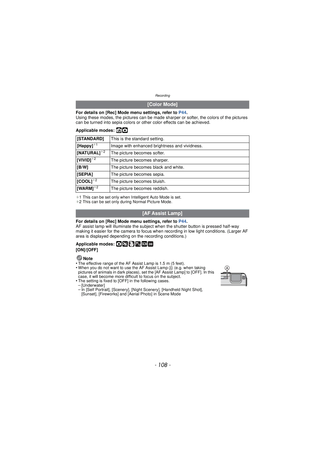 Panasonic DMC-TS3 owner manual 108, Color Mode, AF Assist Lamp 