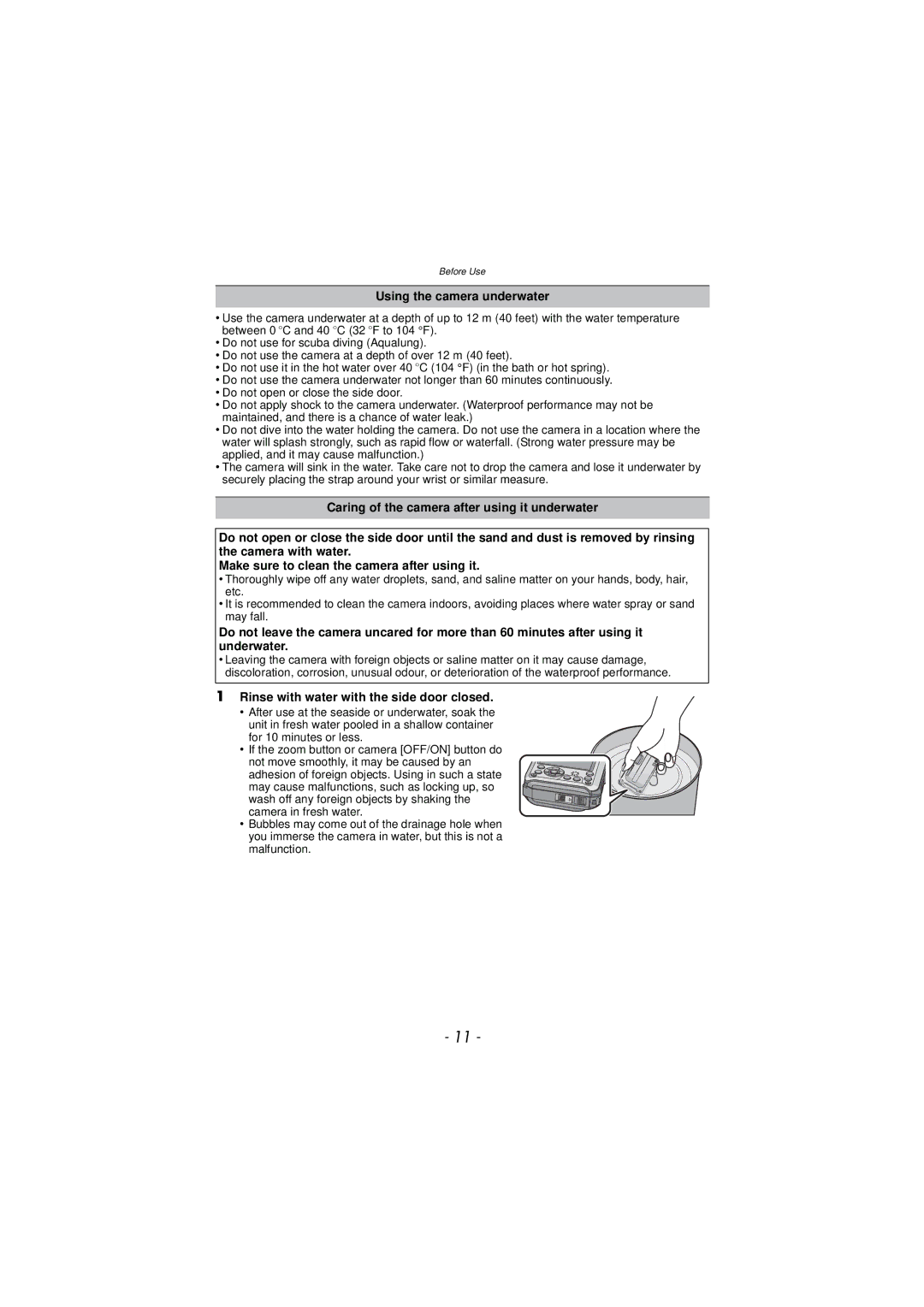 Panasonic DMC-TS3 owner manual Using the camera underwater, Rinse with water with the side door closed 