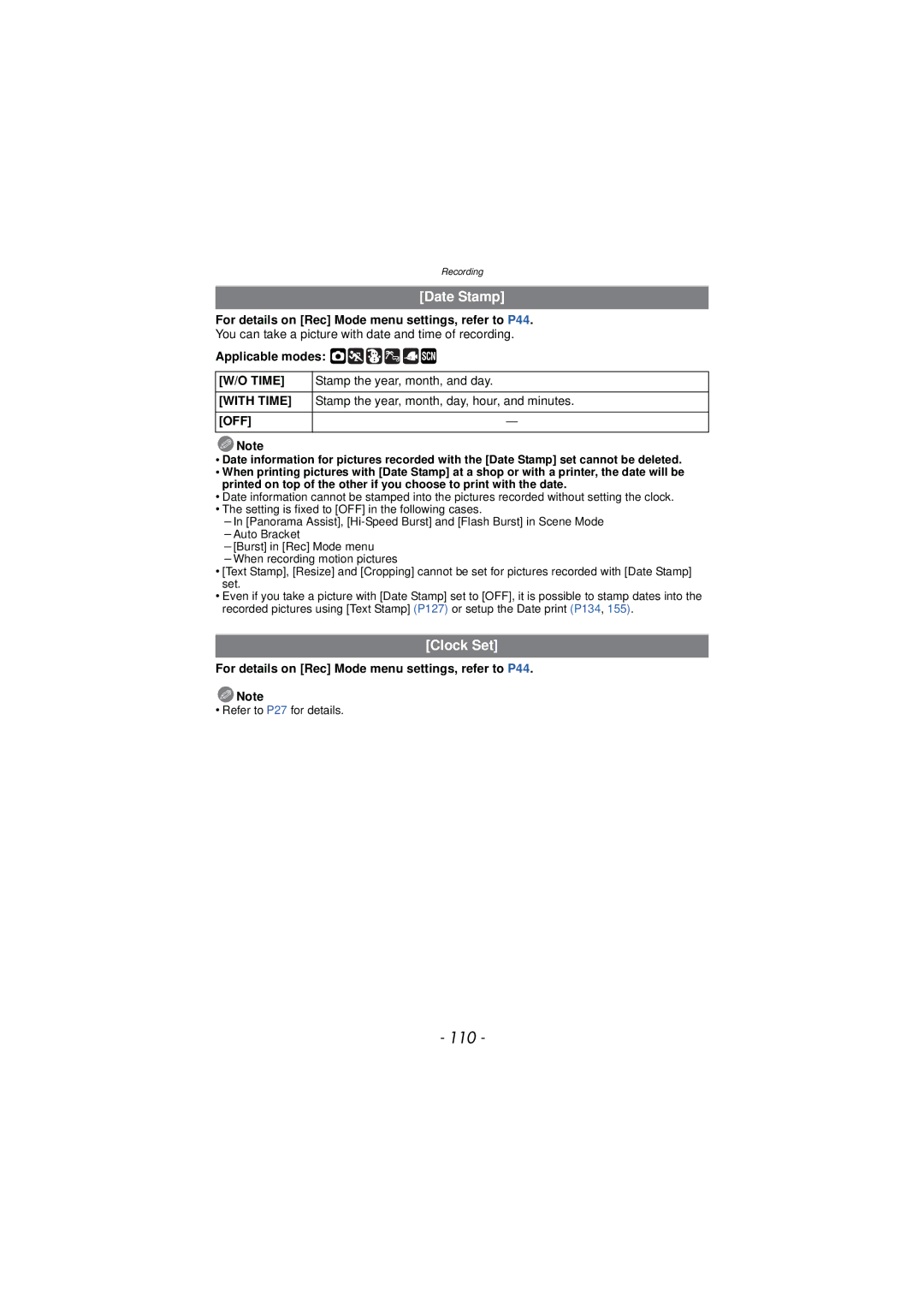 Panasonic DMC-TS3 owner manual 110, Date Stamp, Clock Set, Stamp the year, month, and day 