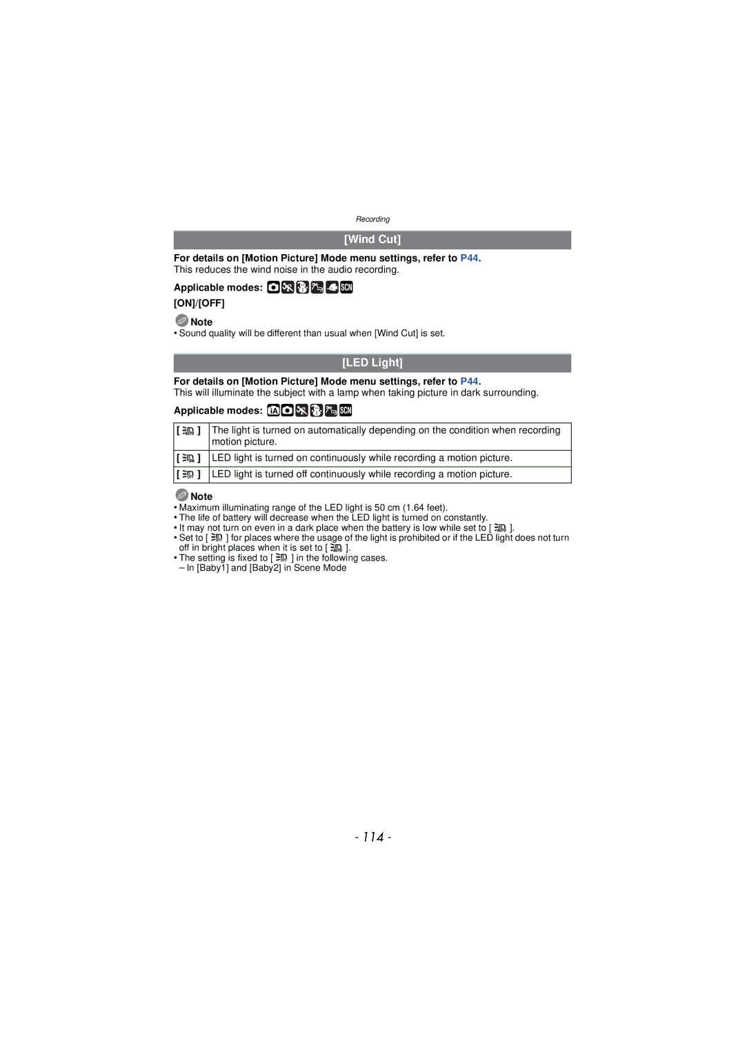 Panasonic DMC-TS3 owner manual 114, Wind Cut, LED Light 