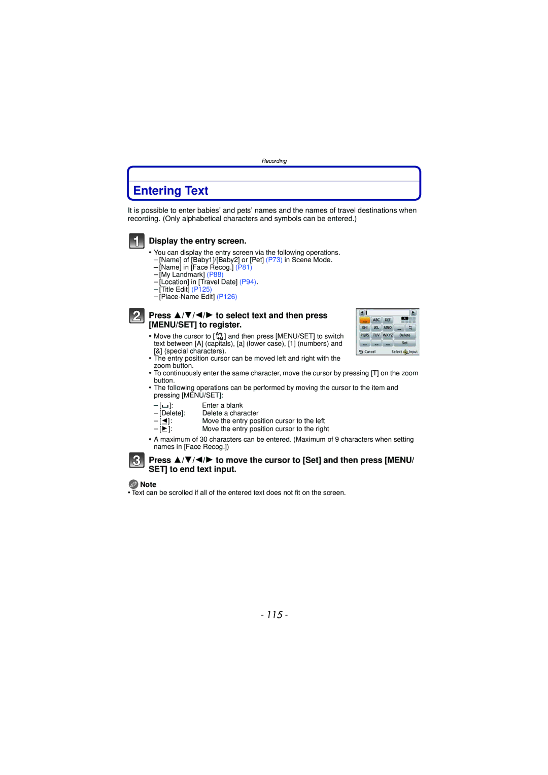 Panasonic DMC-TS3 owner manual Entering Text, 115, Display the entry screen 