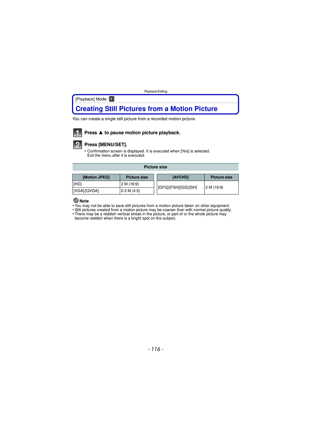 Panasonic DMC-TS3 owner manual Creating Still Pictures from a Motion Picture, 116, Motion Jpeg Picture size, Gfs/Fsh/Gs/Sh 