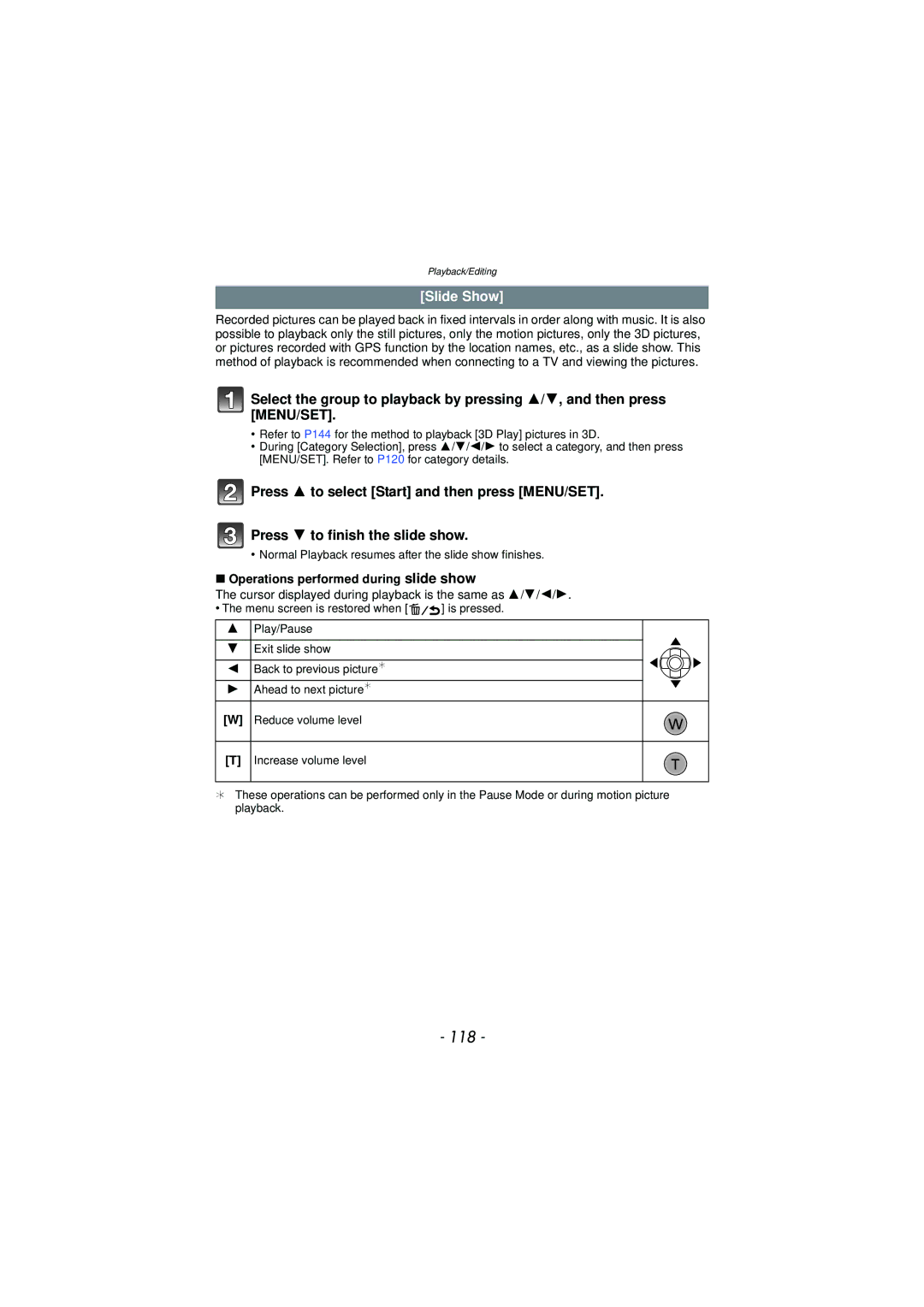 Panasonic DMC-TS3 owner manual 118, Slide Show, Operations performed during slide show 