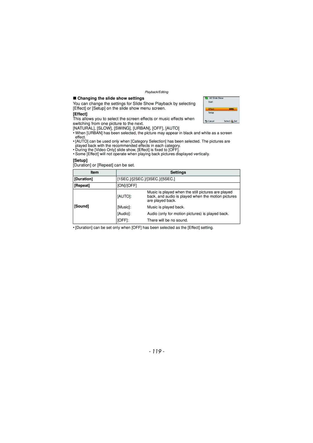 Panasonic DMC-TS3 owner manual 119, Changing the slide show settings, Effect, Duration or Repeat can be set 