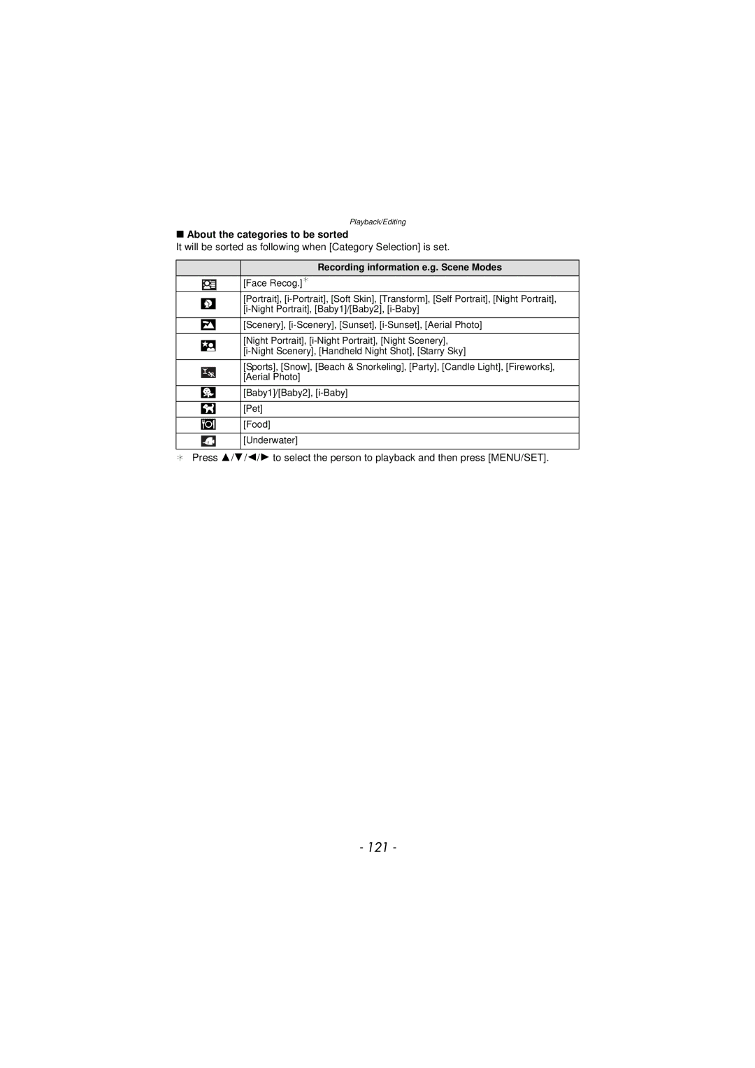 Panasonic DMC-TS3 owner manual 121, About the categories to be sorted, Recording information e.g. Scene Modes 