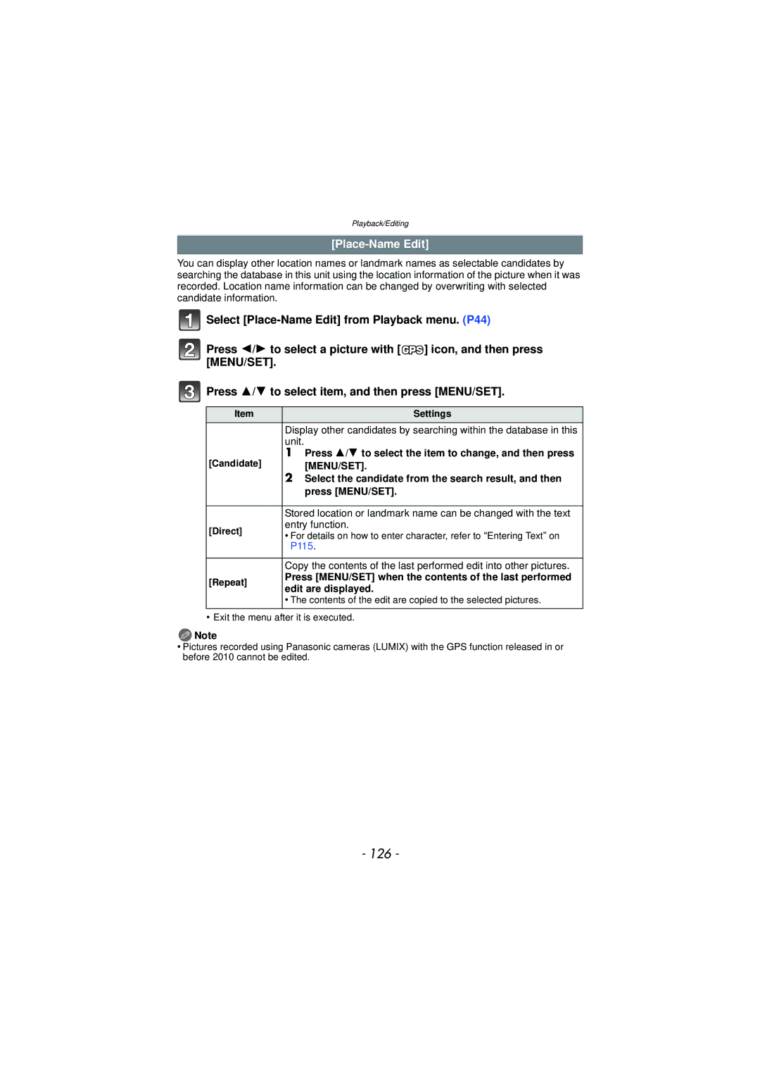 Panasonic DMC-TS3 owner manual 126, Place-Name Edit, Press 3/ 4 to select item, and then press MENU/SET 