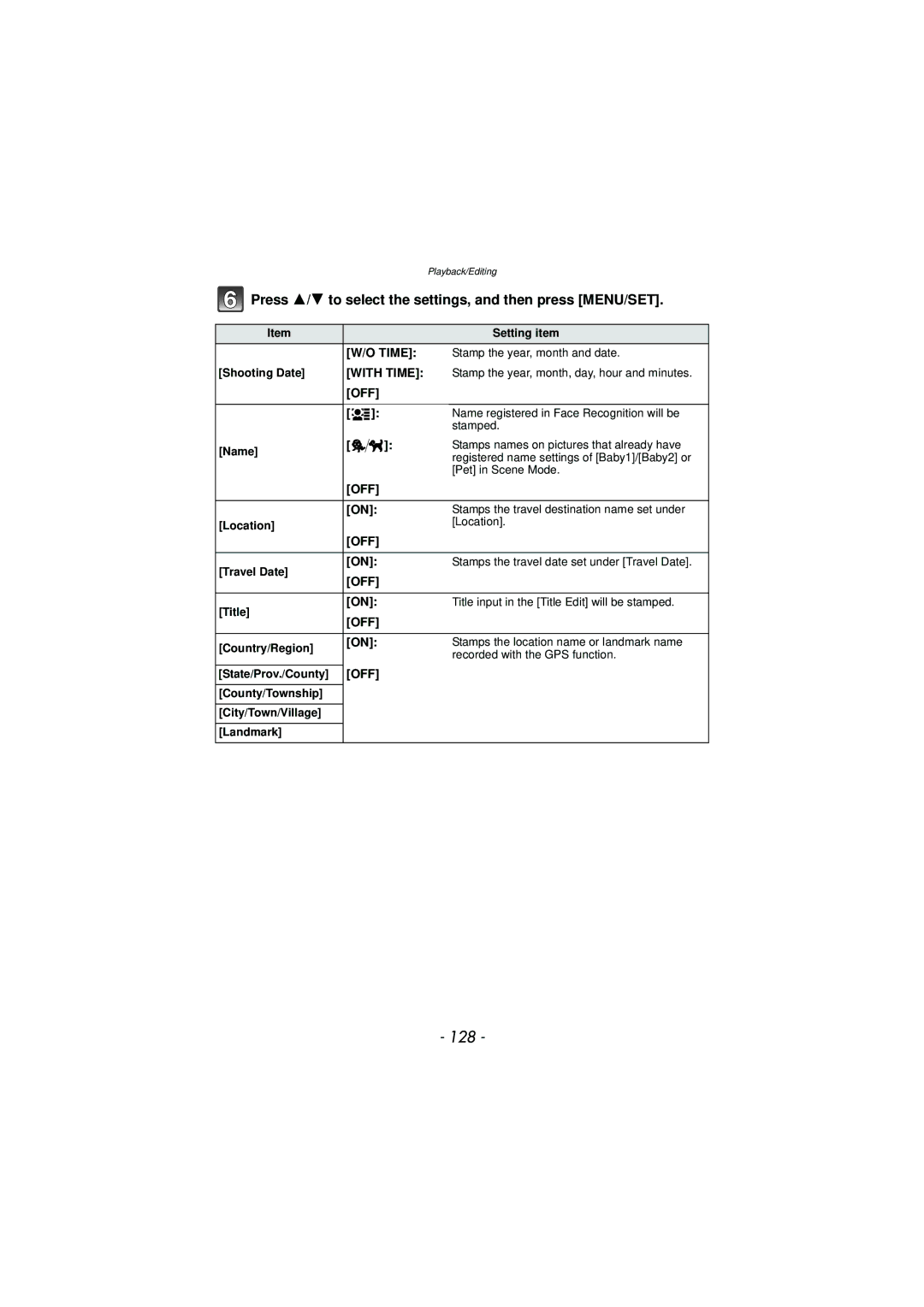 Panasonic DMC-TS3 owner manual 128, Press 3/4 to select the settings, and then press MENU/SET 