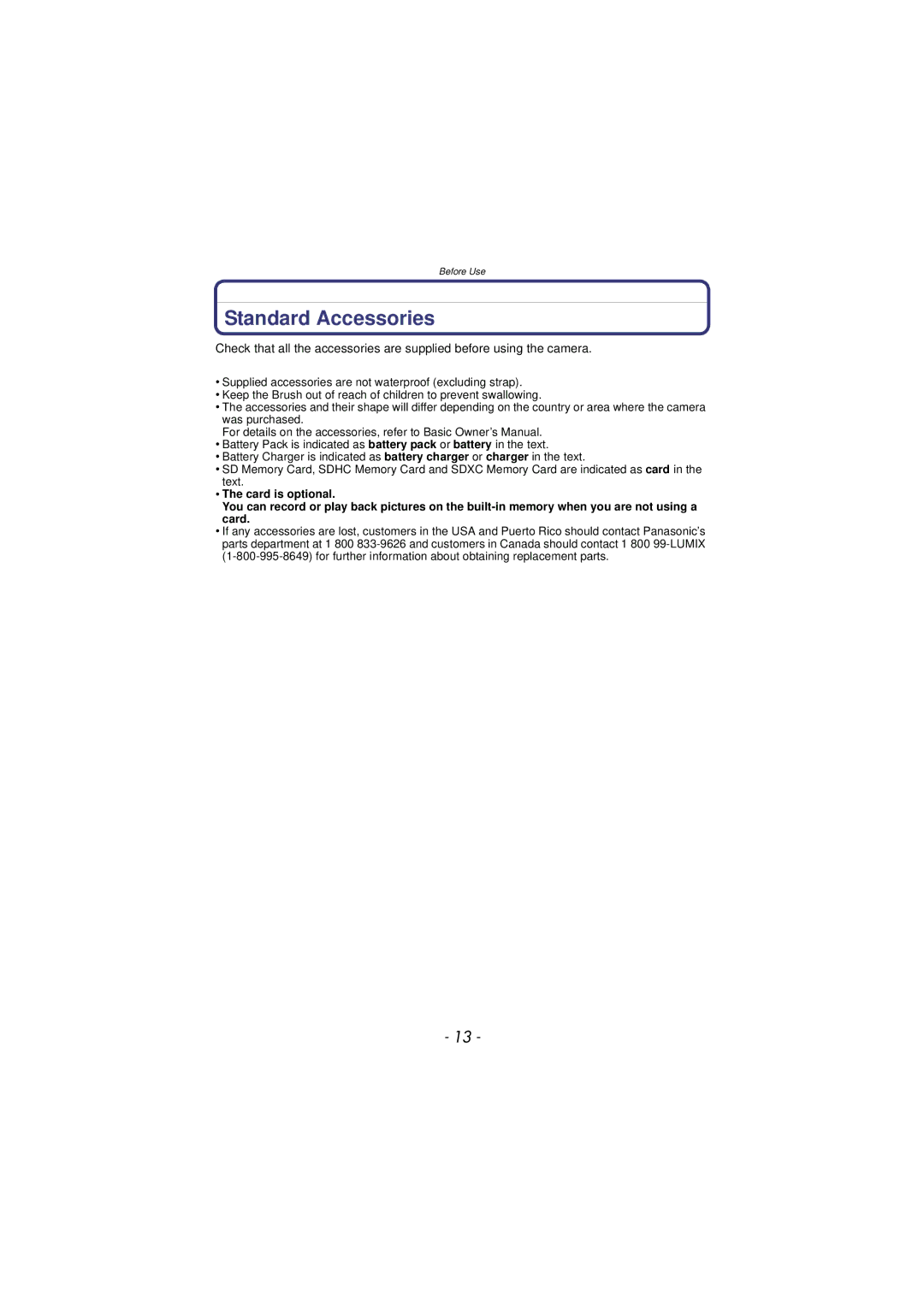 Panasonic DMC-TS3 owner manual Standard Accessories 