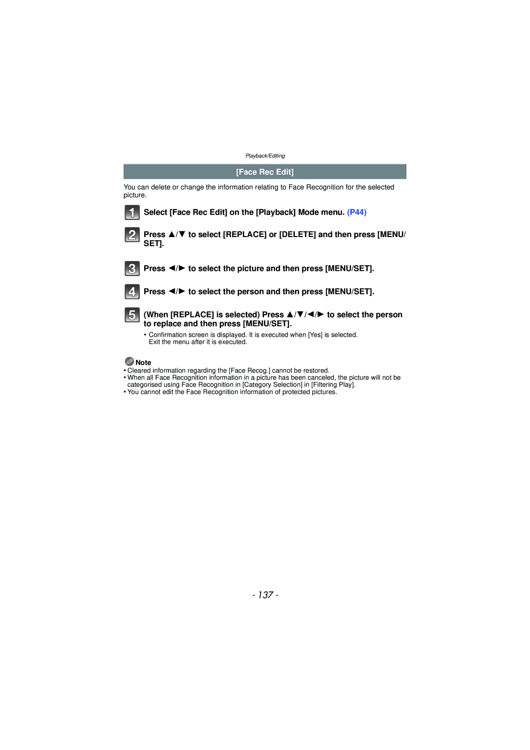 Panasonic DMC-TS3 owner manual 137, Face Rec Edit 