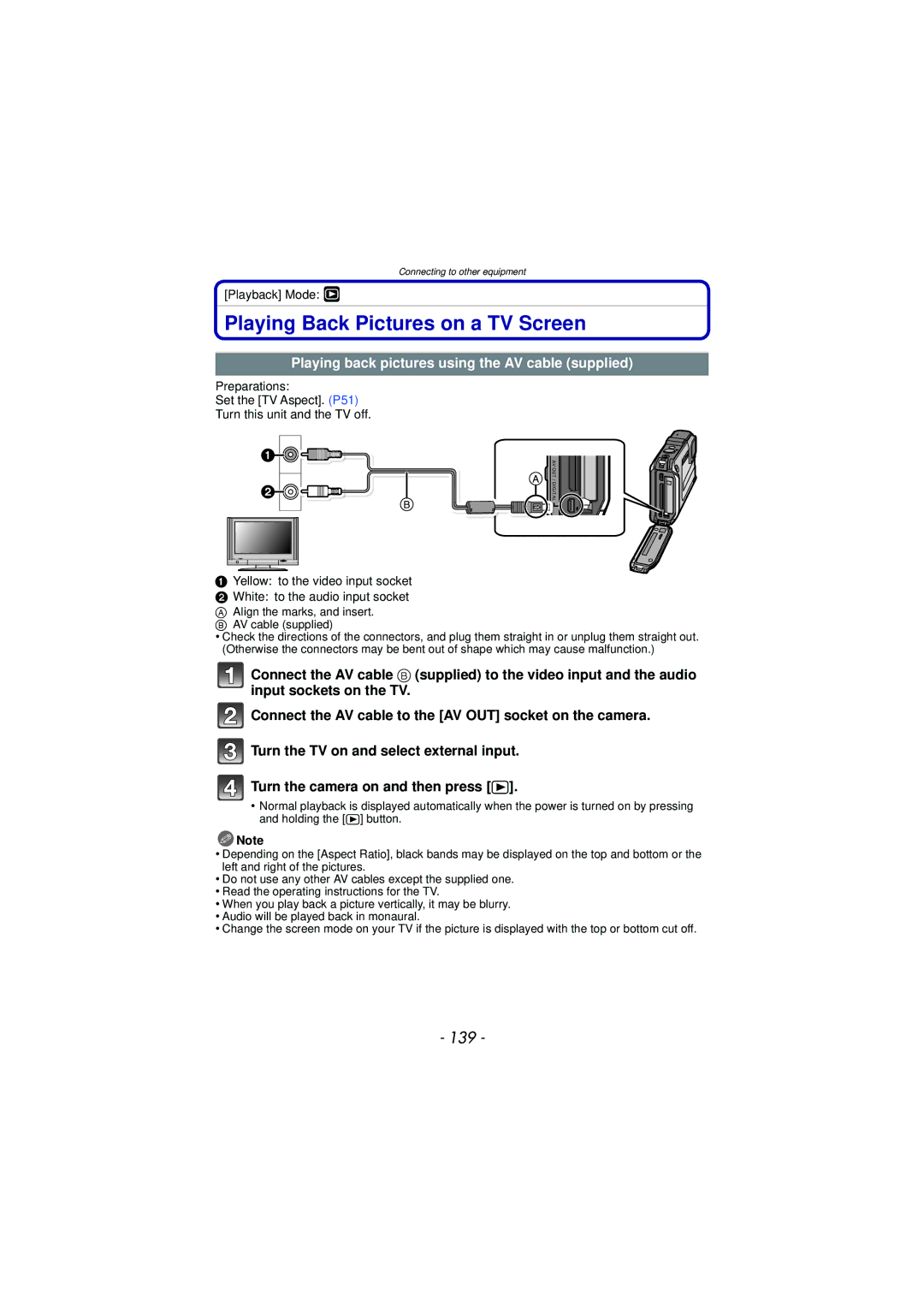 Panasonic DMC-TS3 owner manual Playing Back Pictures on a TV Screen, 139, Playing back pictures using the AV cable supplied 