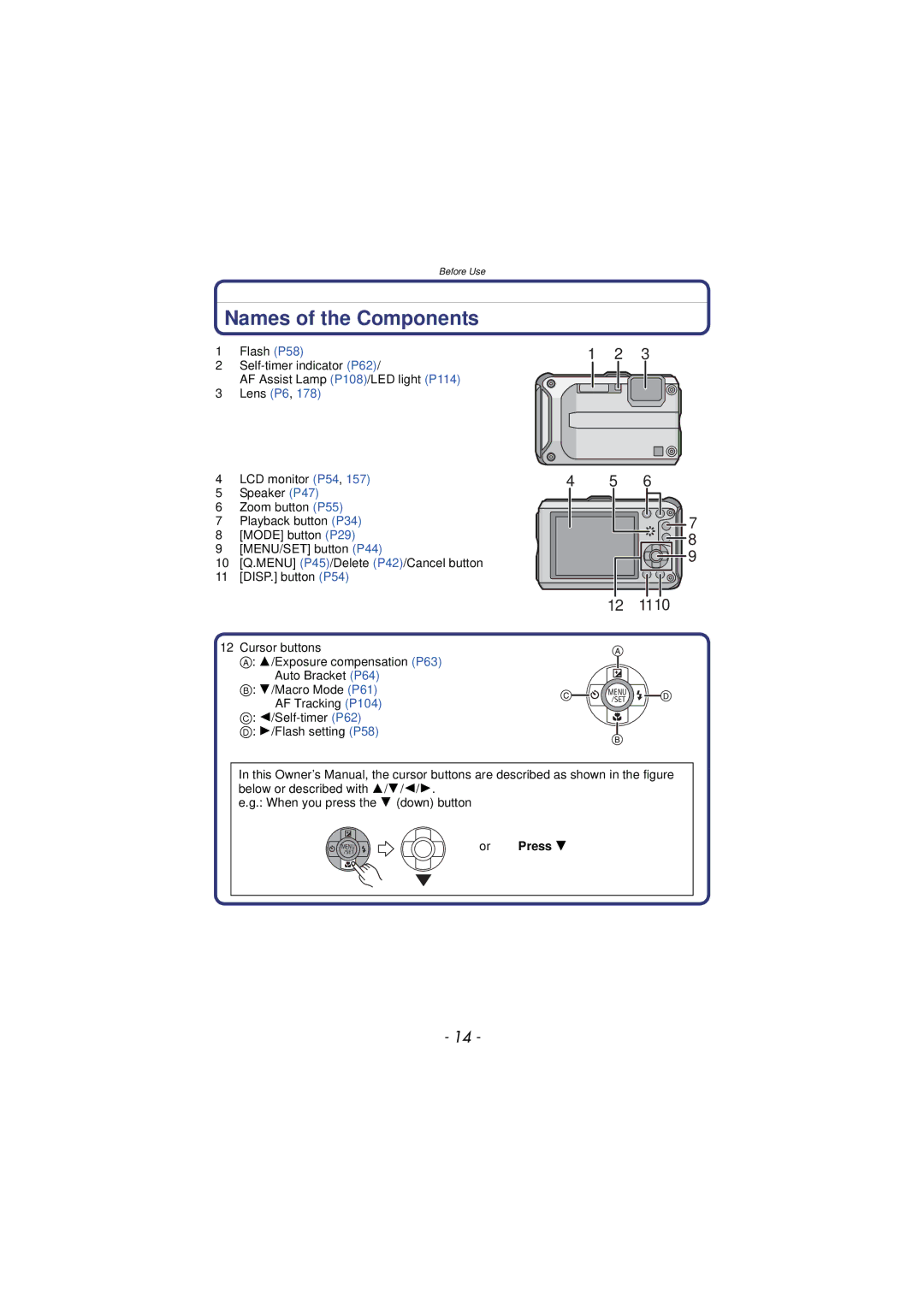 Panasonic DMC-TS3 owner manual Names of the Components, When you press the 4 down button, Or Press 