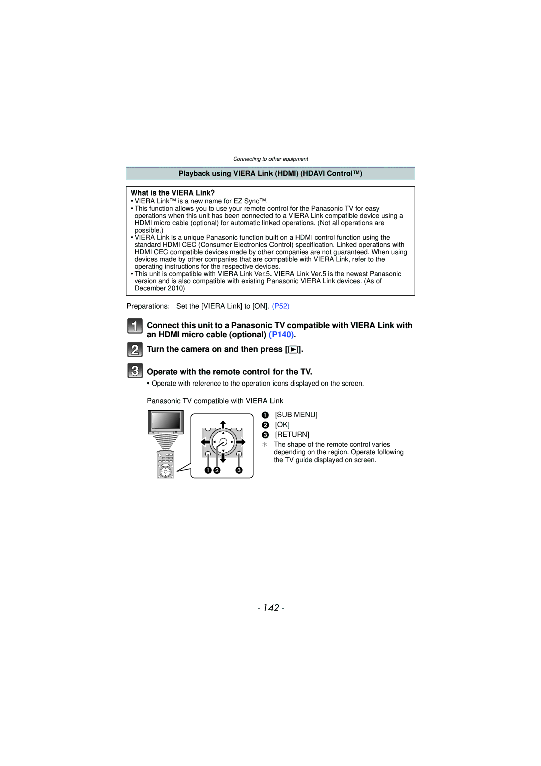 Panasonic DMC-TS3 owner manual 142, Preparations Set the Viera Link to ON. P52, Panasonic TV compatible with Viera Link 