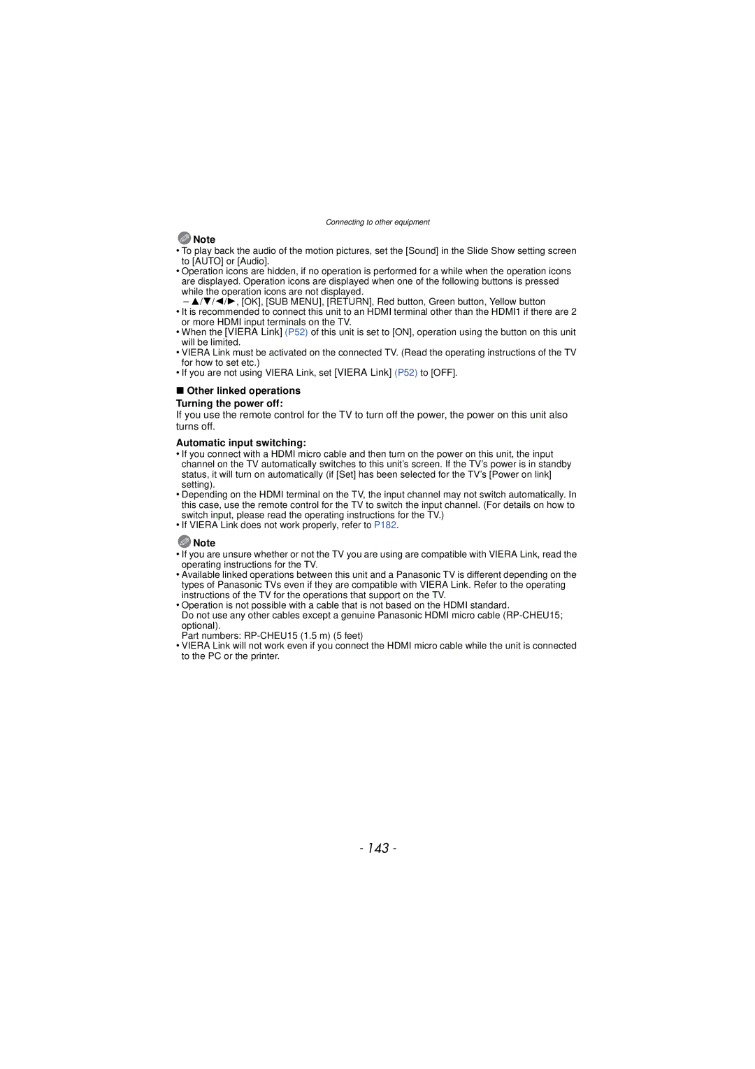 Panasonic DMC-TS3 owner manual 143, Automatic input switching, Other linked operations Turning the power off 