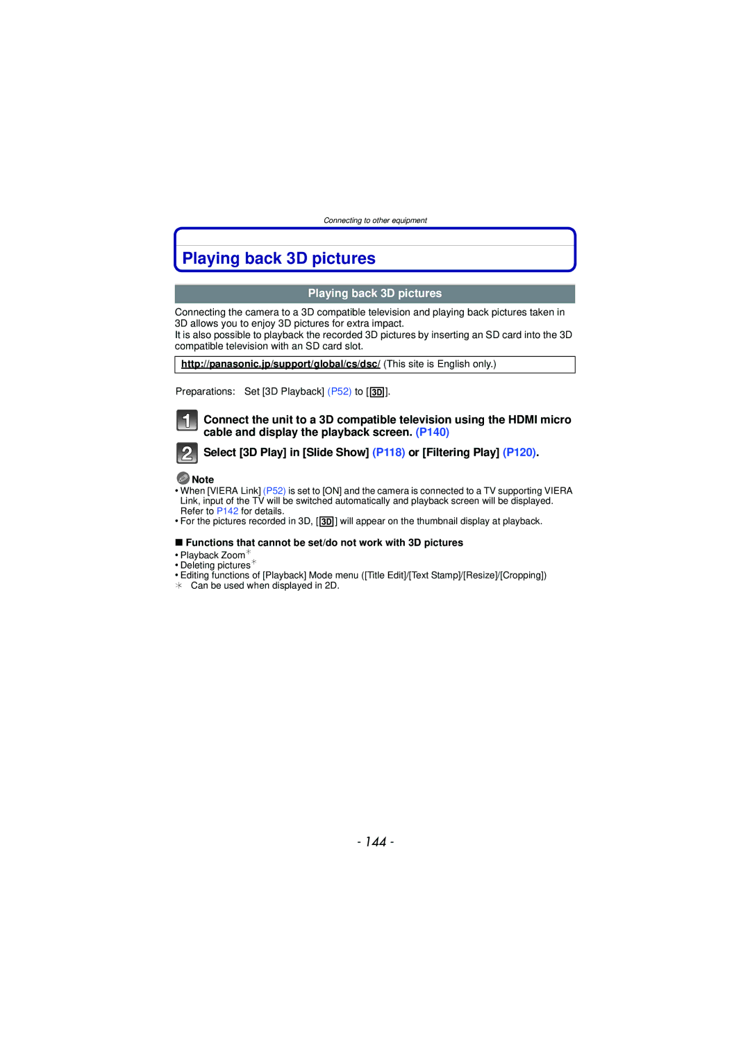 Panasonic DMC-TS3 owner manual Playing back 3D pictures, 144, Preparations Set 3D Playback P52 to 
