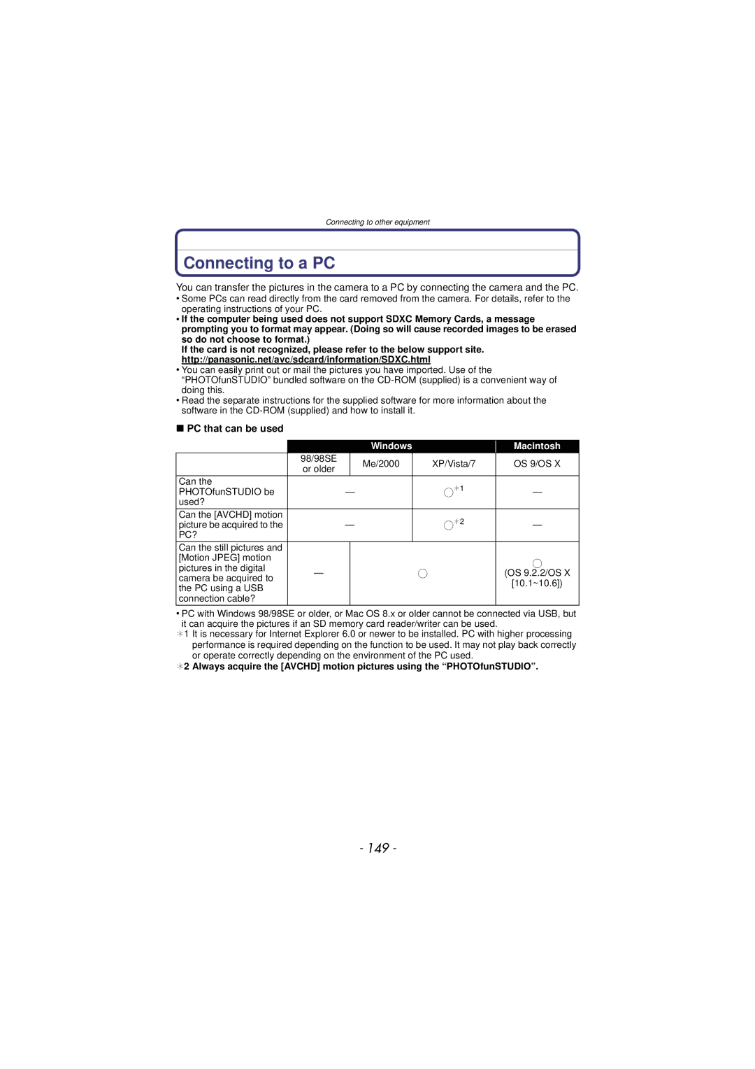 Panasonic DMC-TS3 owner manual Connecting to a PC, 149, PC that can be used 