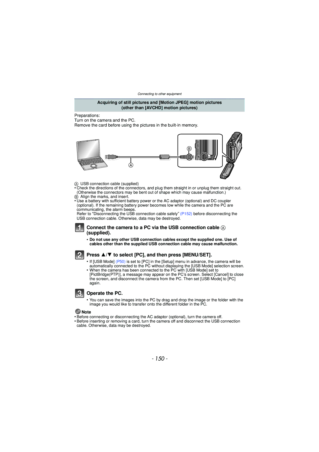 Panasonic DMC-TS3 owner manual 150, Press 3/4 to select PC, and then press MENU/SET, Operate the PC 