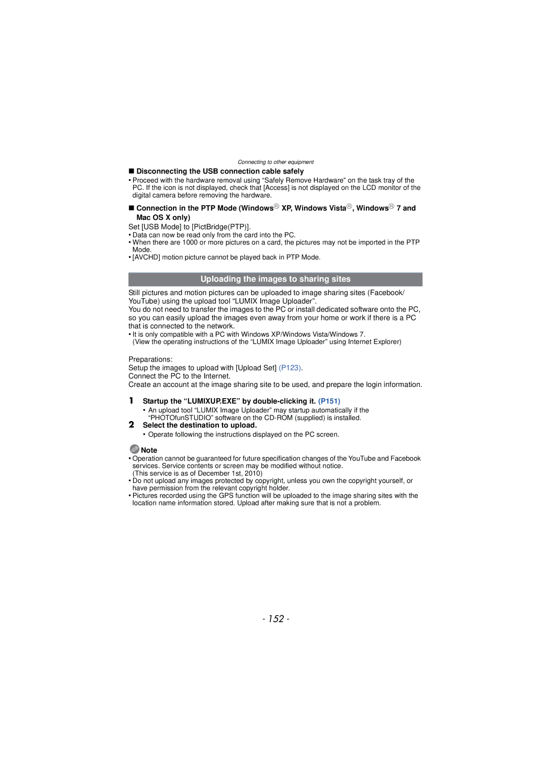 Panasonic DMC-TS3 owner manual 152, Uploading the images to sharing sites, Disconnecting the USB connection cable safely 