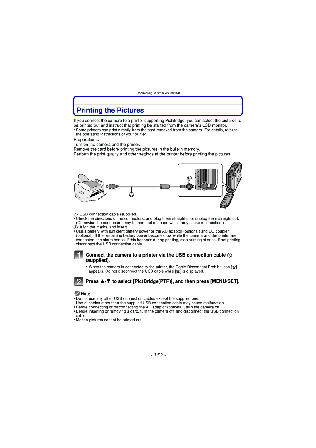 Panasonic DMC-TS3 owner manual Printing the Pictures, 153, Press 3/4 to select PictBridgePTP, and then press MENU/SET 