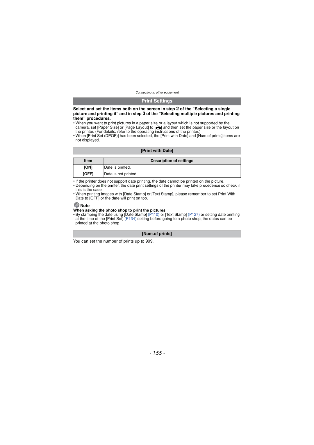 Panasonic DMC-TS3 owner manual 155, Print Settings, Print with Date, Num.of prints, You can set the number of prints up to 