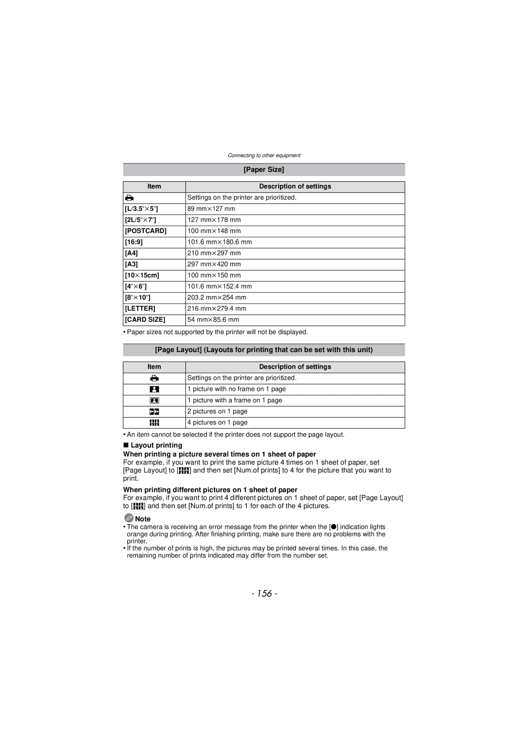 Panasonic DMC-TS3 owner manual 156, Paper Size, Layout Layouts for printing that can be set with this unit 