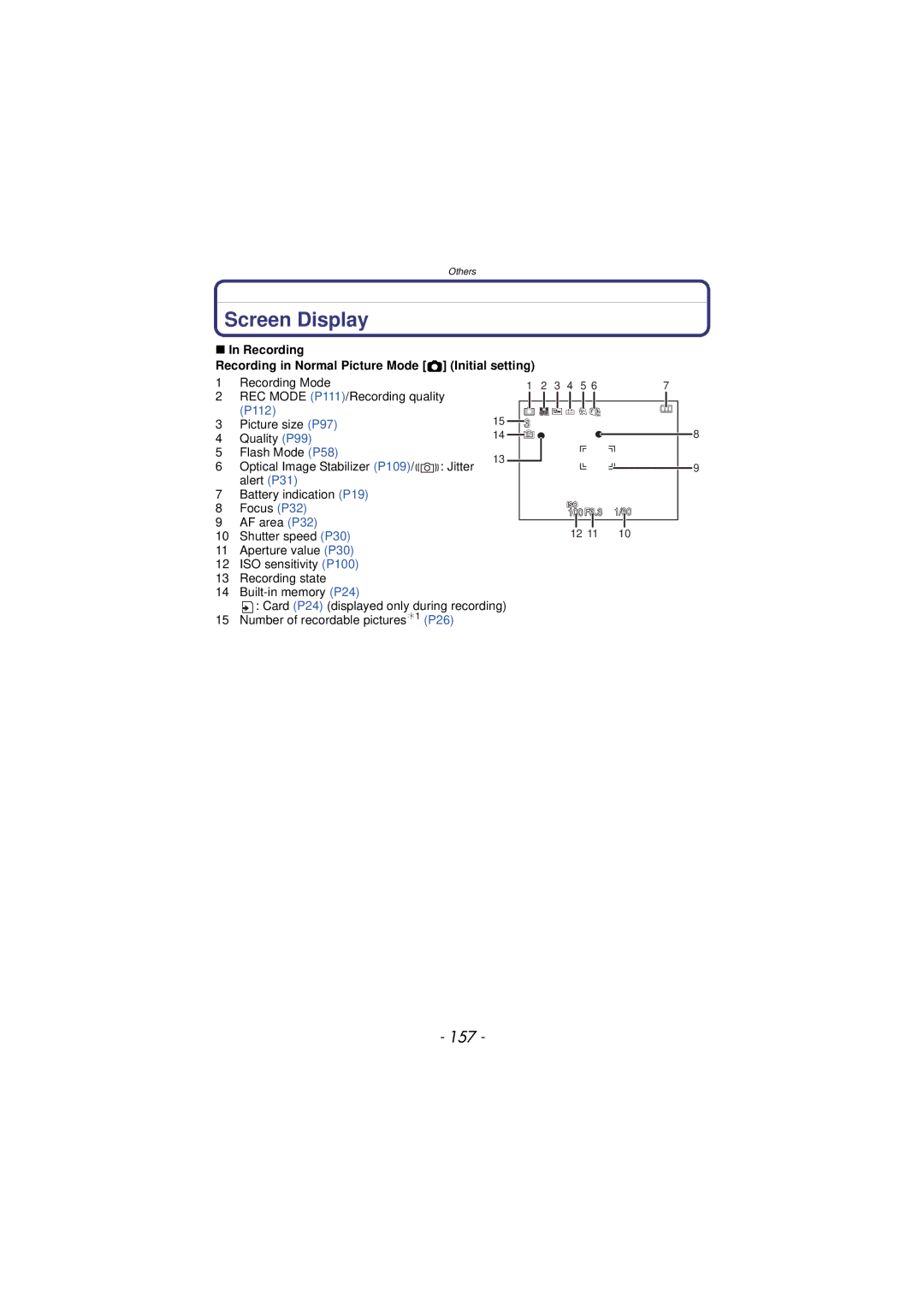 Panasonic DMC-TS3 owner manual Screen Display, 157, Recording Mode, REC Mode P111/Recording quality, Focus P32 