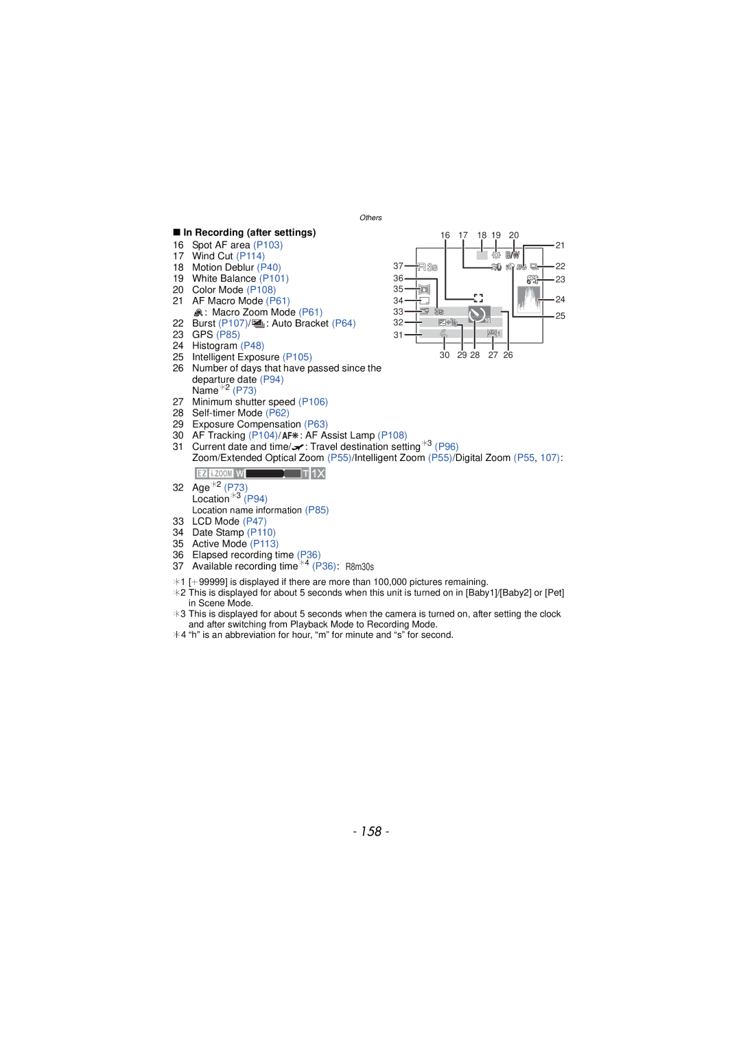 Panasonic DMC-TS3 owner manual 158, Recording after settings, Histogram P48 