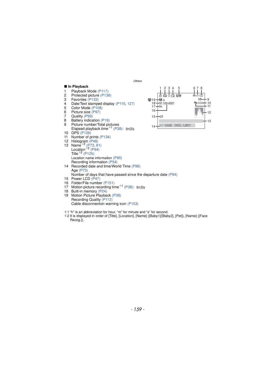 Panasonic DMC-TS3 owner manual 159, Elapsed playback time¢1 P38 8m30s, Number of prints P134 Histogram P48 