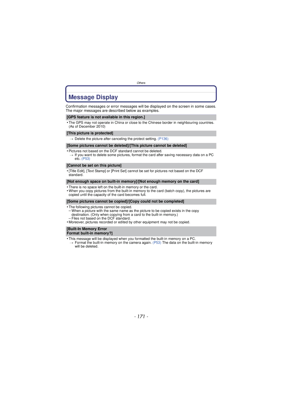 Panasonic DMC-TS3 owner manual Message Display, 171 